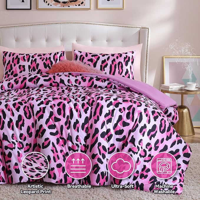 Cheetah Print Comforter Set Full Size, Luxury Leopard Print Bedding, Pink | Soft Microfiber Animal Bedding Set with 2 Breathable Pillowcases, Faux Fur Texture, for an All-Season Comforter