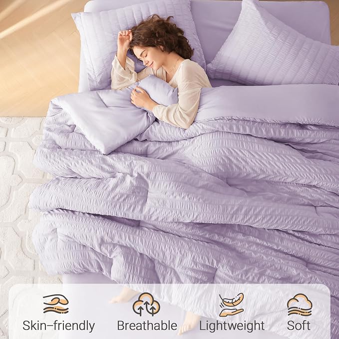7 Pieces Oversized King Comforter Set, Seersucker Bed in a Bag Oversized King Size, All Season Luxury Bedding Set with Comforter, Flat Sheet, Fitted Sheet, Pillowcases & Shams, Lavender