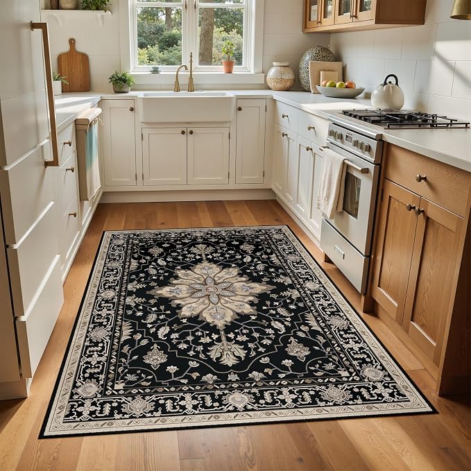 RELEANY Washable Area Rug, 4'x6', Black/Neutral | Non-Slip, Water Repellent, Pet Friendly, Easy to Clean, Vintage Floral Boho Decor for Living Room Bedroom Kitchen Office
