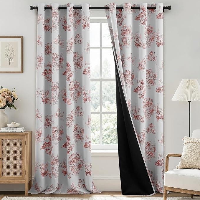 SimpleHome 100% Blackout Curtains for Bedroom Red Curtains Floral 96 Inches | Curtains for Living Room,Farmhouse Curtains and Drapes,Grommet Printed Patterns Room Darkening Curtains,2 Panels Set,52Wx96L