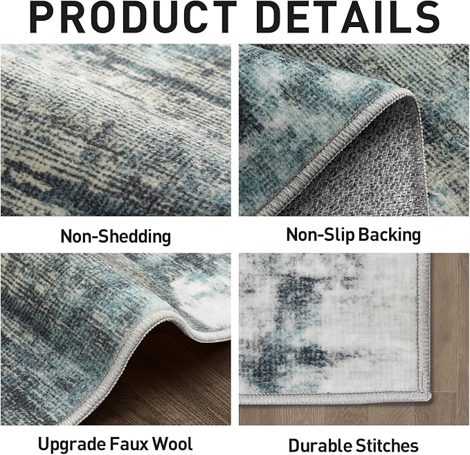 8x10 Area Rugs for Living Room: Washable Abstract Teal Green Badroom Carpet | Non-slip TPE backing makes this washable soft low-pile rug safe & durable, Pet-friendly decor for dining room,nursery,office