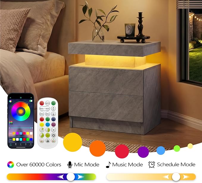 i-aplus LED Nightstand with Wood 2 Drawers Modern Bedside Table for Bedroom | Nightstands with App-Controlled RGB LED Lights, Night Stand with Storgae Drawer, Modern Bedside Table for Bedroom