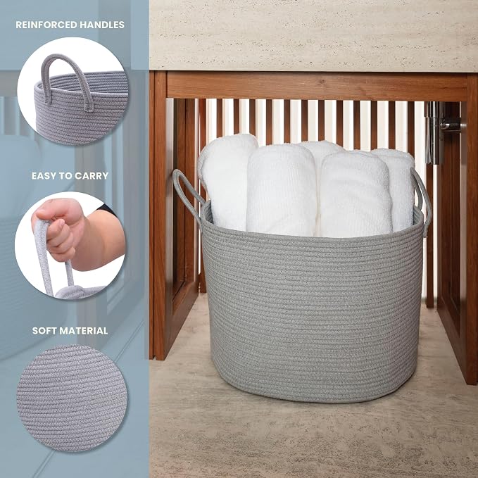 OrganiHaus Round Toy Basket & Blanket Basket, Cotton Rope 20x13" | Full Gray - Round Cotton Rope Basket, 20x13"