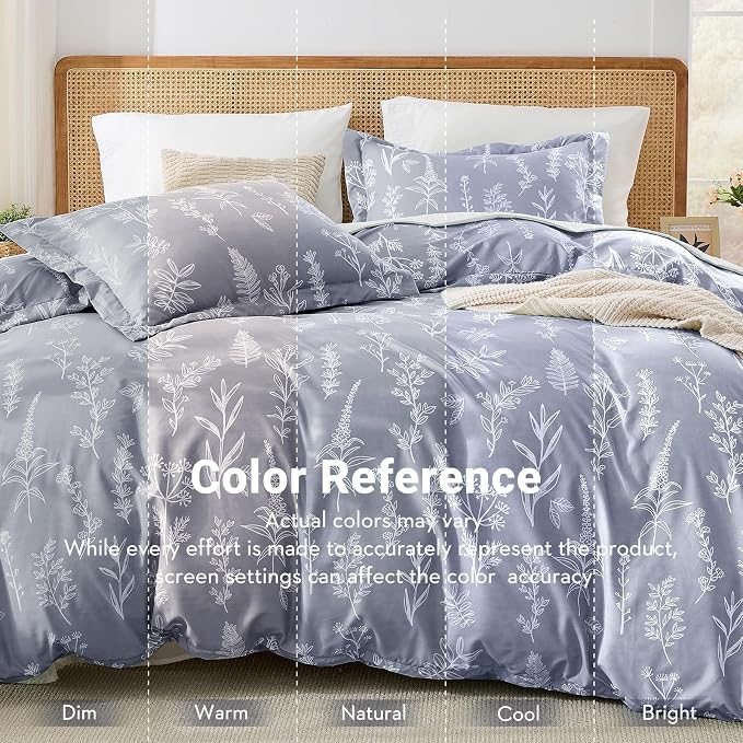 MUXHOMO Duvet Cover King Size, Reversible Floral Grey Duvet Cover Set with Zipper Closure, 3 Pieces Botanical Patterns Soft Microfiber Bedding Set (90"x104", 2 Pillow Cases 20"×36")