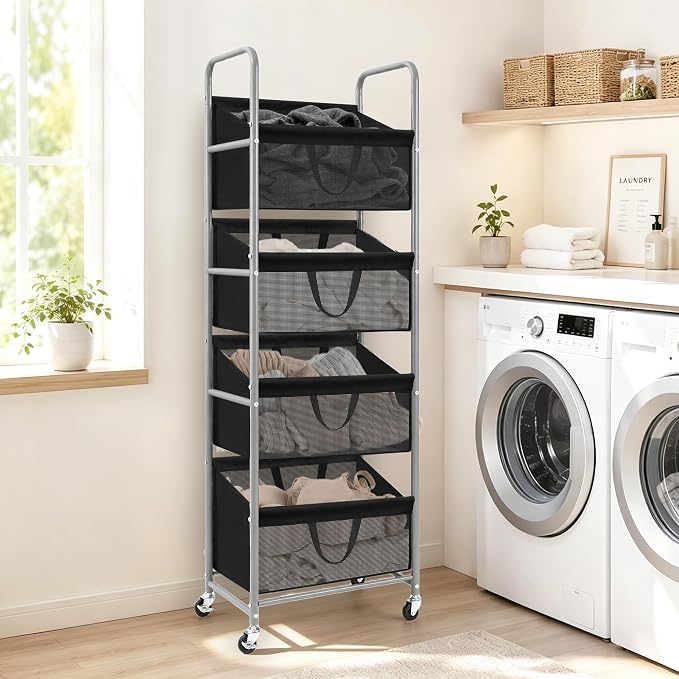 STO STO 4-Tier Vertical Rolling Laundry Hamper, Removable Bags, Black Mesh | 160L Capacity, Space-Saving Vertical Design, Rust-Resistant Steel Frame, Lockable Wheels, Ideal for Apartments & Small Spaces