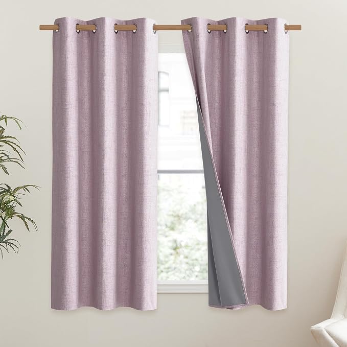 NICETOWN Pink Vintage Linen 100% Blackout Curtains for Dining Room, Thermal Insulated Curtains 54" Long, Noise Reducing Window Treatment Drapes for Kitchen, 42" Wide Per Panel, Set of 2