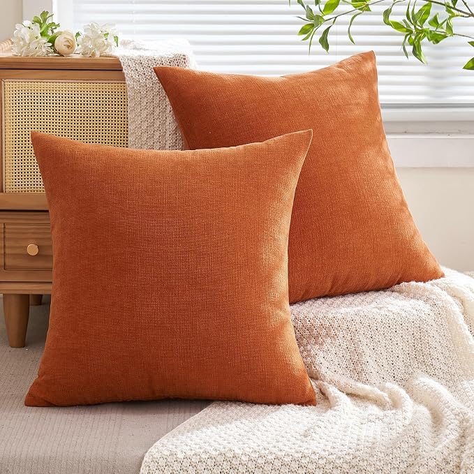MIULEE Fall Orange Chenille Couch Throw Pillow Covers, 16x16 | Set of 2, Soft Farmhouse Modern Home Decor, Decorative Pillowcases for Sofa Living Room Bed