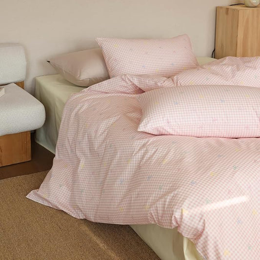 mixinni Gingham Duvet Cover Full Size, 100% Cotton Light Pink and White Gingham Bedding Set for Girls, Cute Bow Print Soft Aesthetic Cottagecore Bedding 3 Pieces (1 Duvet Cover + 2 Pillowcases)