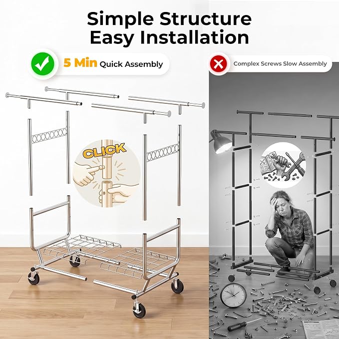 HOKEEPER Clothes Rack Heavy Duty Clothing Rack Load 650 LBS Collapsible | Garment Rack with Wheels Double Rod Clothes Rack for Hanging Clothes Commercial Portable Closet Rack, 2 Packs 22"D*75"W*68"H