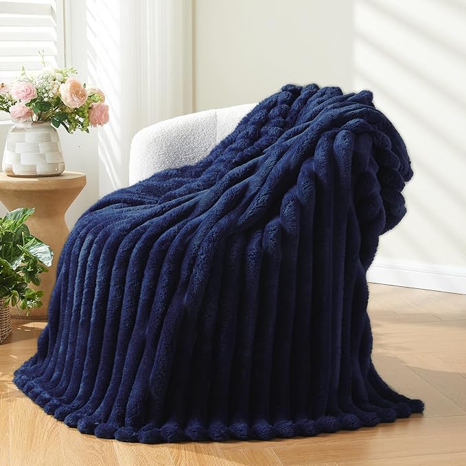 NEWCOSPLAY Fleece Ribbed Cozy Twin Blanket for Couch, Dark Navy, 60"x80" | Premium Silky Flannel Blanket, Soft Lightweight Fluffy Throw Blanket for Bed Sofa Decor, Gift for All Season Use