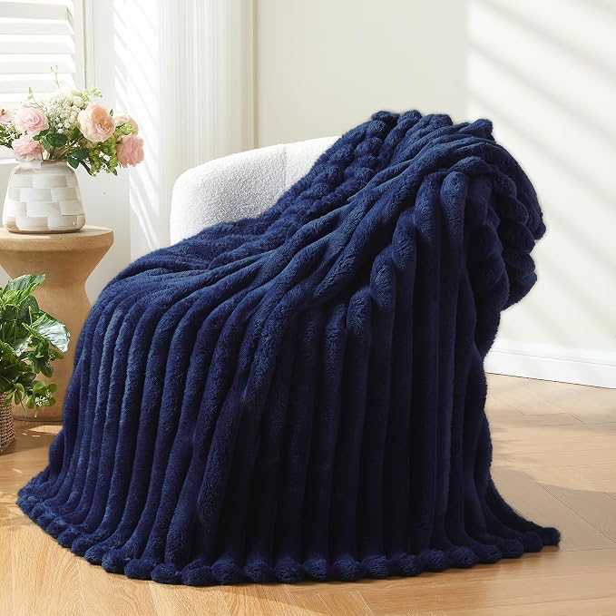NEWCOSPLAY Fleece Ribbed Cozy Throw Blanket for Couch, Dark Navy, 50"x60" | Premium Silky Flannel Blanket, Soft Lightweight Fluffy Throw Blanket for Bed Sofa Decor, Gift for All Season Use