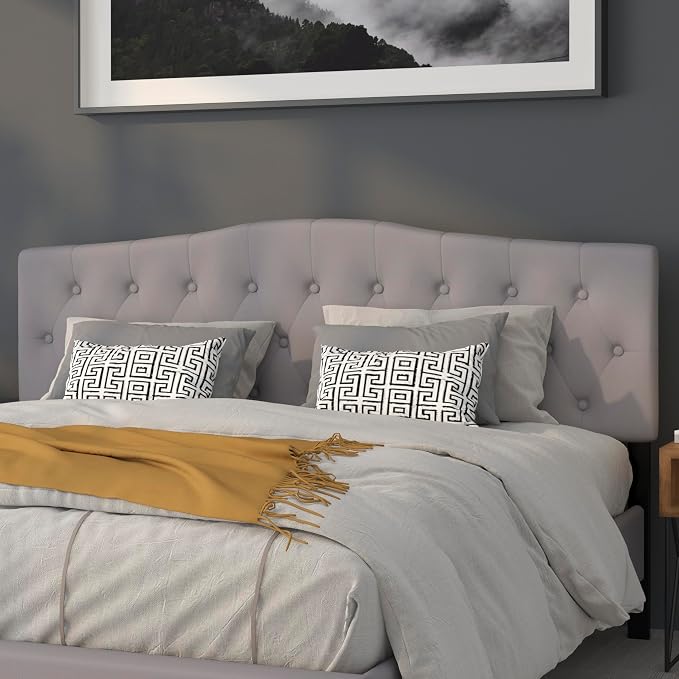 EMMA + OLIVER Light Gray King Button Tufted Headboard | Adjustable Bed Rail Slots, Fabric Upholstered