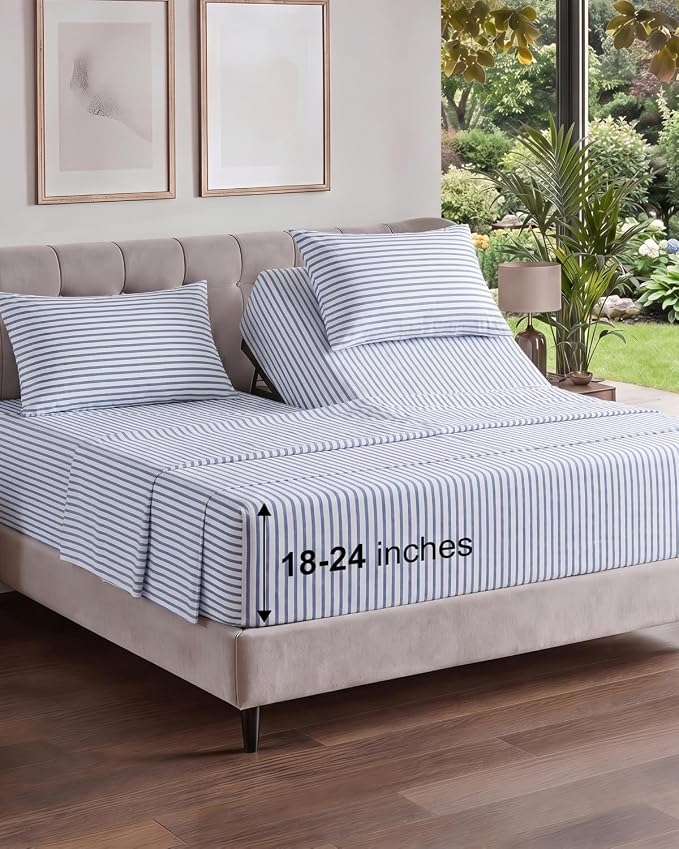 Flex Top Split Head King Sheet Set - 4 Piece Extra Deep - Blue Stripes 2 | Easily Fits 18 to 24 inch Mattress, Ultra Soft, Wrinkle & Fade Free with Extra Deep Pockets, Comfy Hotel Luxury Bedding