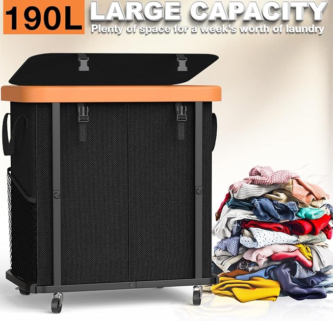 Laundry Basket with Wheels,190L Leather Patchwork Laundry Hamper 2 Setion | Sturdy Metal Frame, Removable Washable Bag, Tall Clothes Sorter for Bedroom - Black
