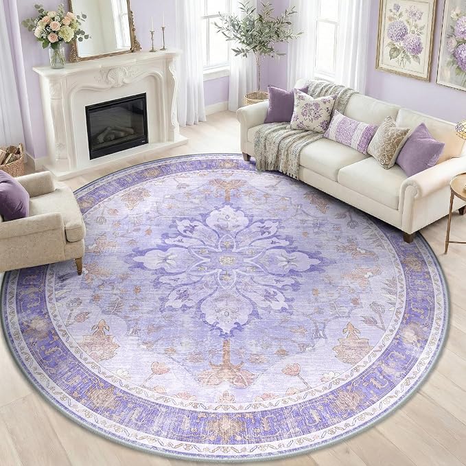 RELEANY Washable Area Rug, Round 8ft, Purple | Non-Slip, Water Repellent, Pet Friendly, Easy to Clean, Vintage Floral Boho Decor for Living Room Bedroom Dining Room