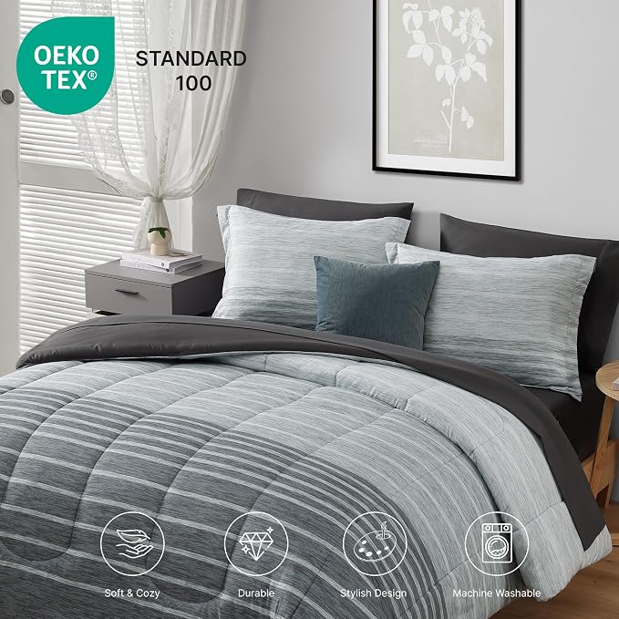 Monbix Full Size Comforter Sets - 7 Pieces Bed in a Bag Full Bedding Set | All Season Grey Striped Reversible Soft Comforter Bed Set with Sheets, Pillowcases & Shams