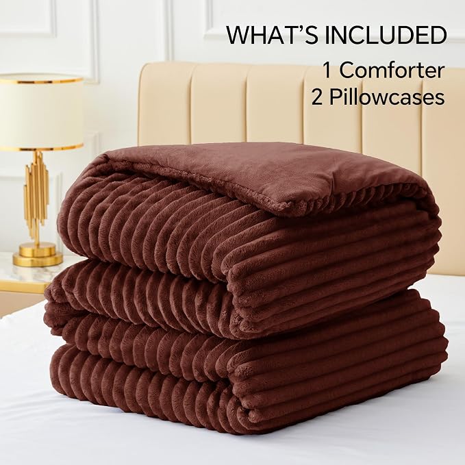 BEDELITE Fleece Queen Comforter Set, Fluffy Bed Set, Hot Chotolate | Super Soft & Warm Bedding, Luxury Fuzzy Faux Fur Comforter for Winter, Heavy Plush Bedding, with 2 Pillowcases