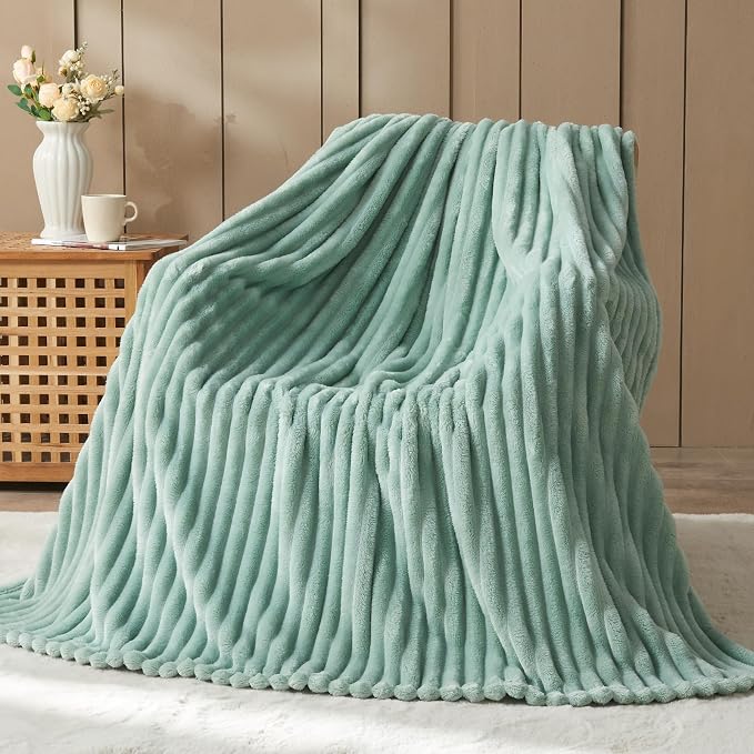 NEWCOSPLAY Fleece Ribbed Cozy Twin Blanket for Couch, Mint Green, 60"x80" | Premium Silky Flannel Blanket, Soft Lightweight Fluffy Throw Blanket for Bed Sofa Decor, Gift for All Season Use
