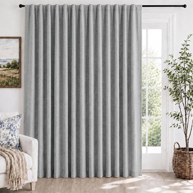 Deconovo 100% Blackout Curtains for Bedroom, Linen Textured Thermal Insulated Drapes with 20 Clip Rings, Noise Reducing Curtains for Nursery, Set of 2, Grey, 100" W x 84" L (Pack of 1)