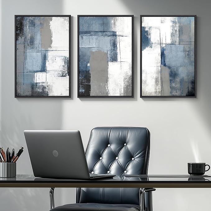 Framed Blue and Gray Abstract Modern Wall Art, 3 Piece Set, 16x24 In | Minimalist color block pictures, Canvas prints, Wood frame, Artwork for walls, Wall decor for living room dining room bedroom
