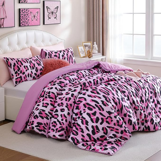 Cheetah Print Comforter Set Queen Size, Luxury Leopard Print Bedding, Pink | Soft Microfiber Animal Bedding Set with 2 Breathable Pillowcases, Faux Fur Texture, for an All-Season Comforter