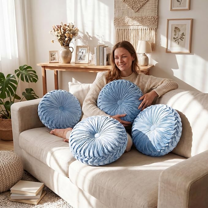 Kathfly 4 Pcs Decorative Round Pleated Throw Pillows, Classy Velvet Pumpkin Round Throw Pillows, Decorative Floor Pillow for Bed Chair Home Sofa Decor, 14" Diameter (Sky Blue)