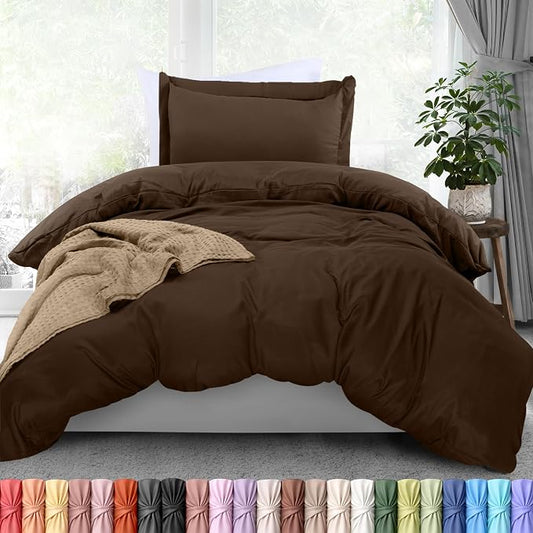 Duvet Cover Twin/Twin XL, 3 PC Cotton Like Polyester, Zipper Closure, Brown | Extra Soft and Breathable, Wrinkle & Fade Resistant, Includes Duvet Cover and 1 Pillow Sham, Comforter Not Included, OekoTex