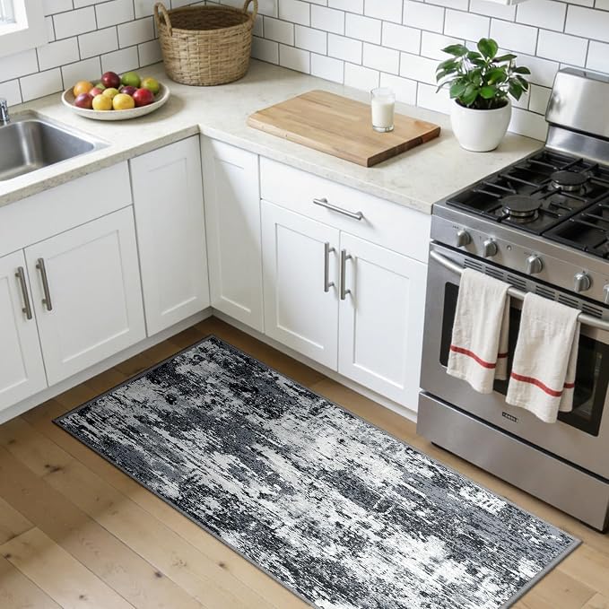 RELEANY Washable 2'x5' Abstract Area Rug for Living Room Black White | Carpet for Bedroom, Kitchen, Office, Hallway and Entryway, Printed Pattern, Non‑Slip, Soft, Stain‑Resistant, Easy to Clean