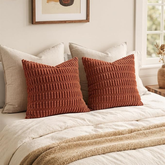 MIULEE Fall Corduroy Decorative Throw Pillow Covers 20x20 Rust Pack of 2 | Terracotta Soft Boho Striped Pillow Covers Modern Farmhouse Autumn Home Decor For Sofa Living Room Couch Bed
