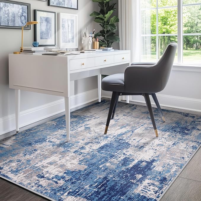 RELEANY Washable 7'x9' Abstract Area Rug for Living Room Blue Gray | Carpet for Bedroom, Kitchen, Office, Hallway and Entryway, Printed Pattern, Non‑Slip, Soft, Stain‑Resistant, Easy to Clean