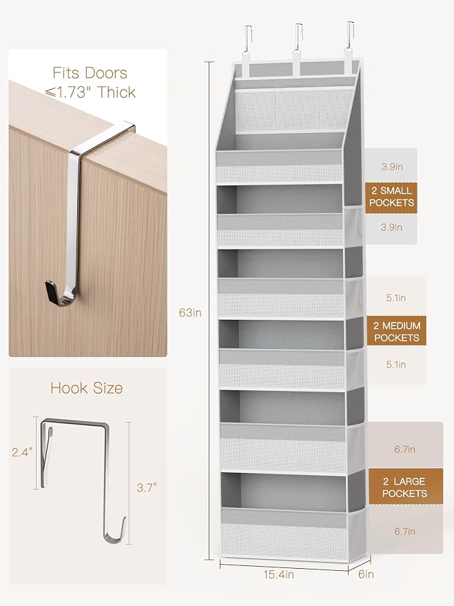 2 Pack Over The Door Organizer, Heavy-Duty 6-Shelf Hanging Storage with 13 Mesh Pockets, 55lbs Capacity Behind The Door Storage for Nursery, Bathroom, Bedroom, and Dorm, Grey