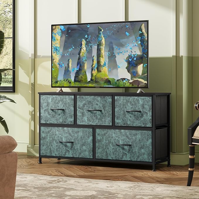 WLIVE Wide Dresser for Bedroom, 5 Drawer Chest of Drawers, Vintage Green | 5 roomy fabric drawers, Wide storage design, Bedroom or closet use, Sturdy steel frame, Smooth wood tabletop