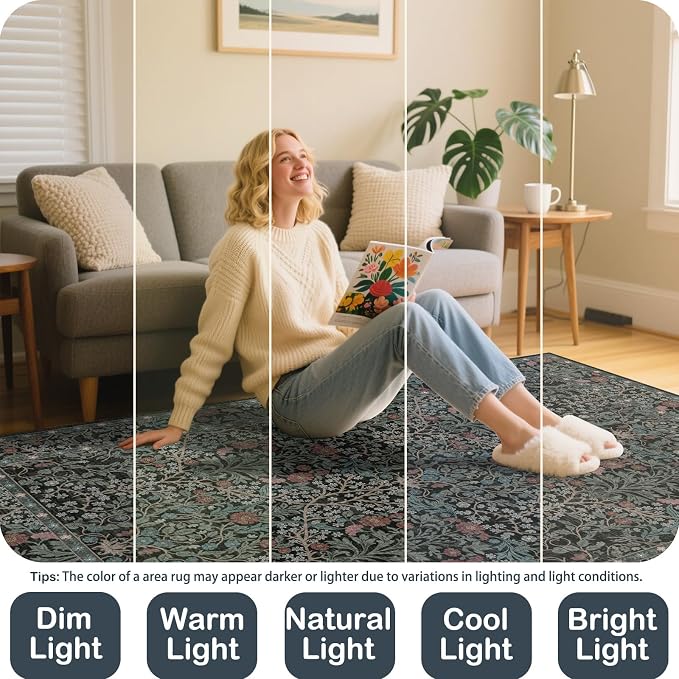 Washable 2' x 6' Runners for Hallways, Non Slip Long Floor Runner for Kitchen, Entryway Indoor, Stain Resistant Rubber Backing Floral Decor Rug (Dark Green)