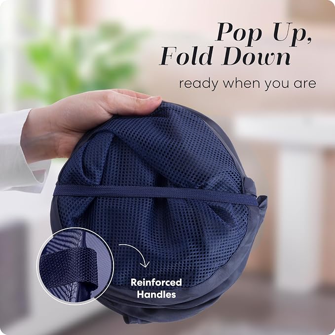 Handy Laundry Collapsible Mesh Foldable Hamper 14" x 14' x 24" Navy Blue | Collapsible Mesh Pop Up Hamper, Wide Opening, Side Pocket, Breathable, Sturdy, Foldable, Space-Saving for Clothes Storage