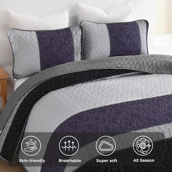 Cottolester Boho King Size Quilt Set,Black Purple Striped Bedsperads Set | Modern Boho Style,Striped Plaid Design,Ultra Soft Lightweight Microfiber Quilted Bedding Sets for All Seasons 110"x90"