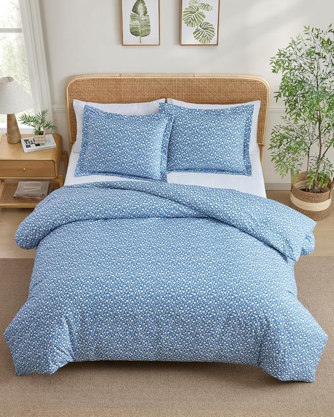 Duvet Cover Cal King Size - Floral Duvet Cover - 3 Piece - Bluefield | Soft Floral Duvet Cover 104 x 98 with 2 Pillow Shams, Zipper Closures & Ties, Floral Bedding for Women, Men, Kids & Teens