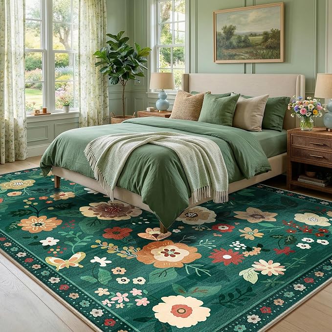 RELEANY Floral Washable 9x12 Area Rugs DarkGreen | Flower Carpet, Print, Boho, Non-Slip, Easy to Clean, Soft, Low Pile for Living Room Bedroom Kitchen Office Entryway Hallway