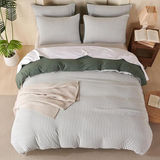 Green Comforter Set Queen Size Soft Luxury Washed Microfiber Jacquard 3 Pieces Bedding Set, White Green Vertical Ticking Stripes Pattern Comforter with 2 Pillowcases Breathable Durable Comfy