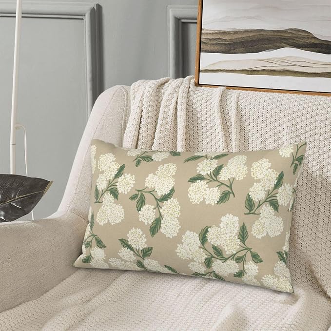 Beige Spring Pillow Covers 12x20 Inch 2 Pcs Khaki Green Hydrangea Flower Decor Throw Pillows Vintage Floral Seasonal Summer Outdoor Decoration Pillowcase Linen Cushion Cover for Couch Sofa
