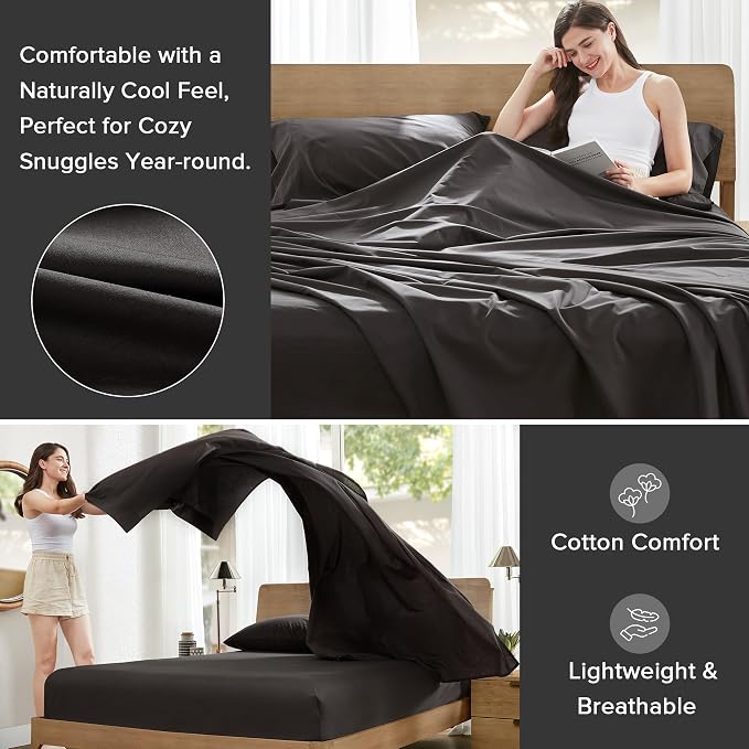 Comfort Spaces 100% Cotton Percale Sheets Cal King Sheet Set 4 Pcs, Black | Crisp, Cool & Breathable Bed Sheets, 14" Deep Pocket Fits Up to 16" Mattress, Lightweight, All Season Cozy, with Pillow Case