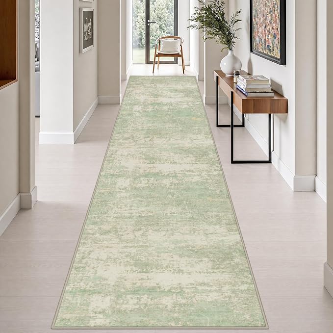 3x14 Washable Runner Rug：Modern Abstract Soft Carpet Green Cream | For Hallway, Bedroom, Kitchen, Laundry, Bathroom,Door Mat,Modern Abstract,Machine washable,Non-Slip,Stain Resistant,Indoor
