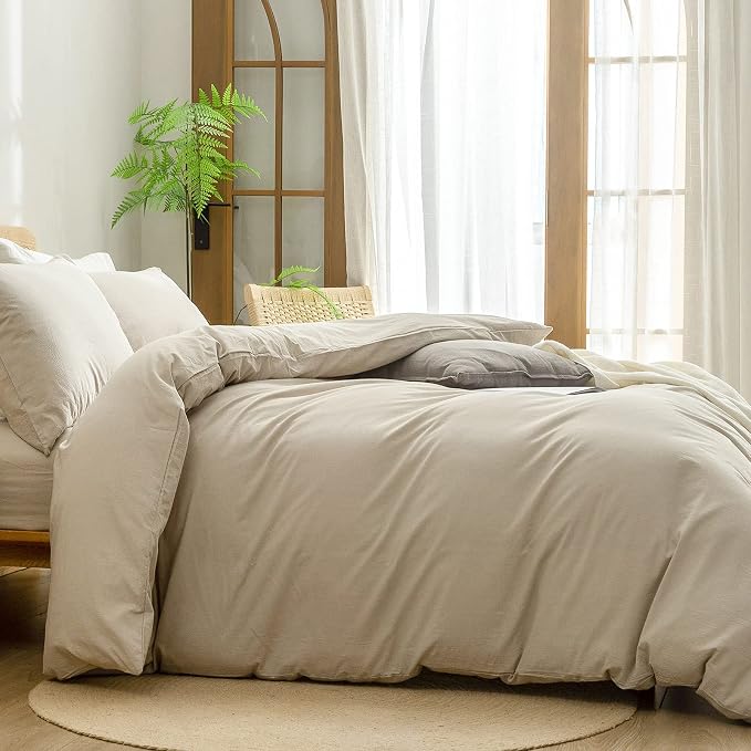 BESTOUCH Cotton Solid Duvet Cover Set Linen Feel Almond Milk Grey Full | 100% Washed Cotton, Soft Wrinkle Texture, Hidden Zipper, 8 Ties, Breathable Lightweight Durable Comfy, 3 Pcs No Insert