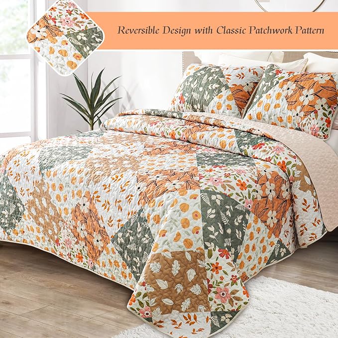 Whale Flotilla Patchwork Quilt King Size, Extra Soft Floral Bedspreads | Orange Reversible Lightweight King Quilt Bedding Set for Bed, Printed Coverlets with 2 Pillow Shams for All Seasons