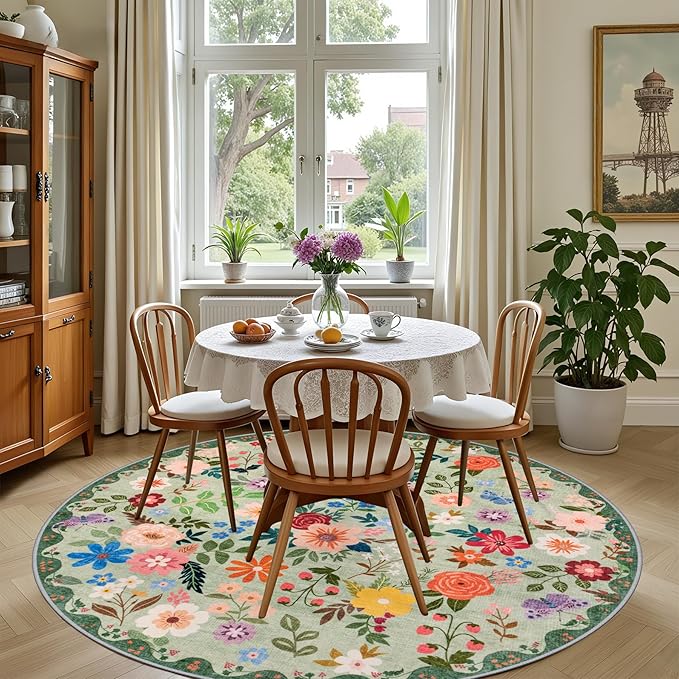PLHXFR Round Area Rug Living Room: 6 ft Floral Washable Soft Carpet Green | For Bedroom Dining Room Farmhouse Nursery Hallway,Vintage Floral,Machine washable,Non Slip,Stain Resistant,Large Indoor