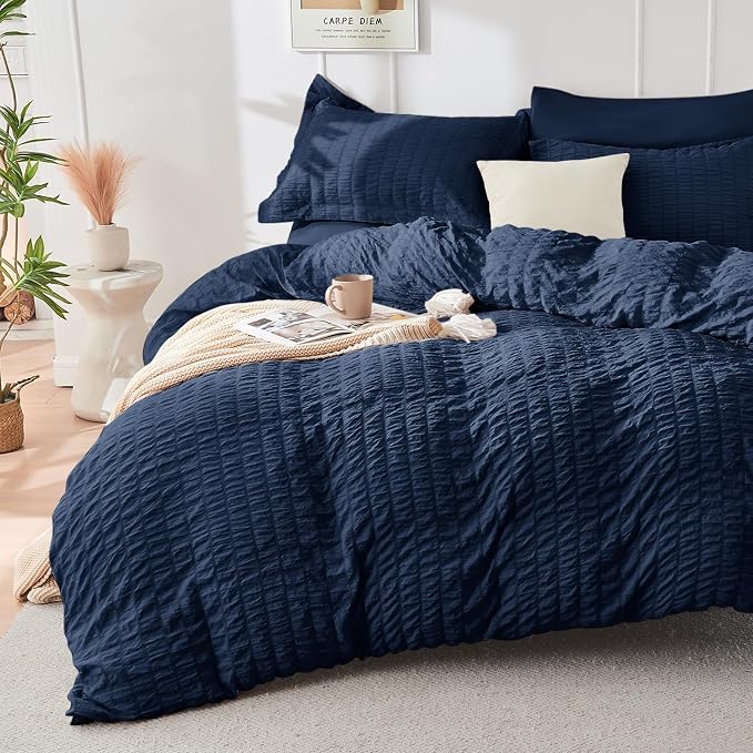 HYMOKEGE Navy Blue King Size Comforter Set Seersucker 7 Pieces, All Season Luxury Bed in a Bag for Bedroom, Bedding Set with Comforters, Sheets, Pillowcases & Shams