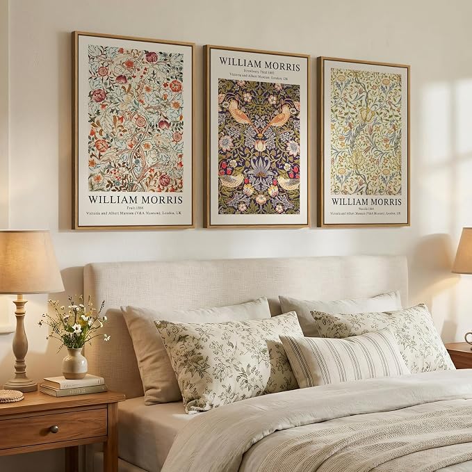 Large Framed William Morris Strawberry Thief Canvas Wall Art, Set of 3 | Fine art, Vintage, Rustic botanical, Floral art prints, 30x60 inch, Living room, Bedroom, Hallway, Office decor