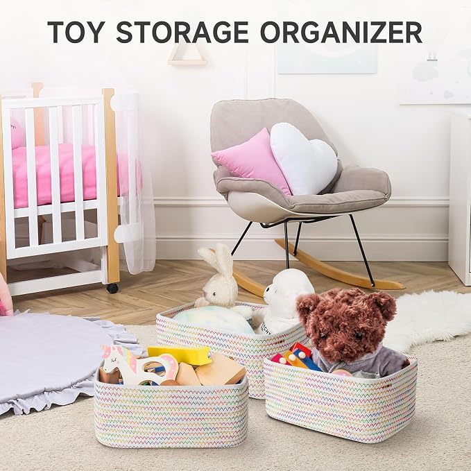 3 Pack Small Storage Baskets for Organizing, 11.8×7.8×5.1", Rainbow | Woven Baskets for shelves, Cotton Rope Basket for Gifts Empty, Closet Organizer Bins with Handles, Cube Decorative Box
