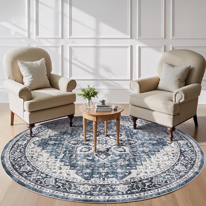 AMADA HOMEFURNISHING Round 6ft Area Rugs, Low-Profile Washable Rug with Non-Slip Backing & Durable Edge Binding, Vintage Rugs for Living Room, Bedroom, Dinning Room