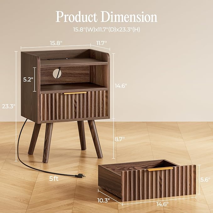 Huuger Nightstand with Charging Station, USB-C Port, End Table | Fluted Night Stand Bedside Table with Drawer, Solid Wood Feet, Open Storage, with Raised Edge, for Bedroom, Walnut