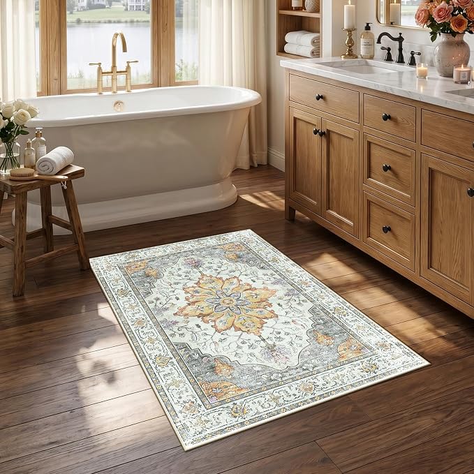 RELEANY Washable Area Rug, Small 2'6"x4', Beige/Carbon Grey/Orange | Non-Slip, Water Repellent, Pet Friendly, Easy to Clean, Vintage Floral Boho Decor for Kitchen Entryway Bathroom